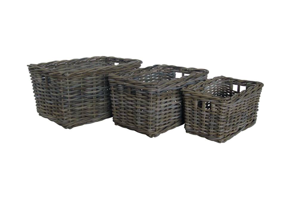 Grey Rectanguler Rattan Basket Set Of 3
